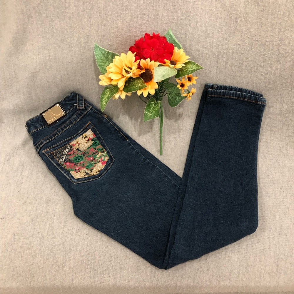 Baby Phat Floral Embroidered Pocket Dark Blue Jeans